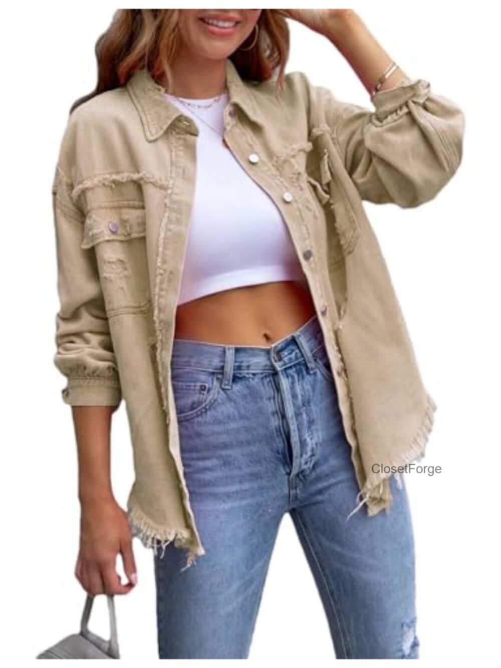 Distressed Denim Jacket Oversized Boyfriend Jean Jacket Women's
